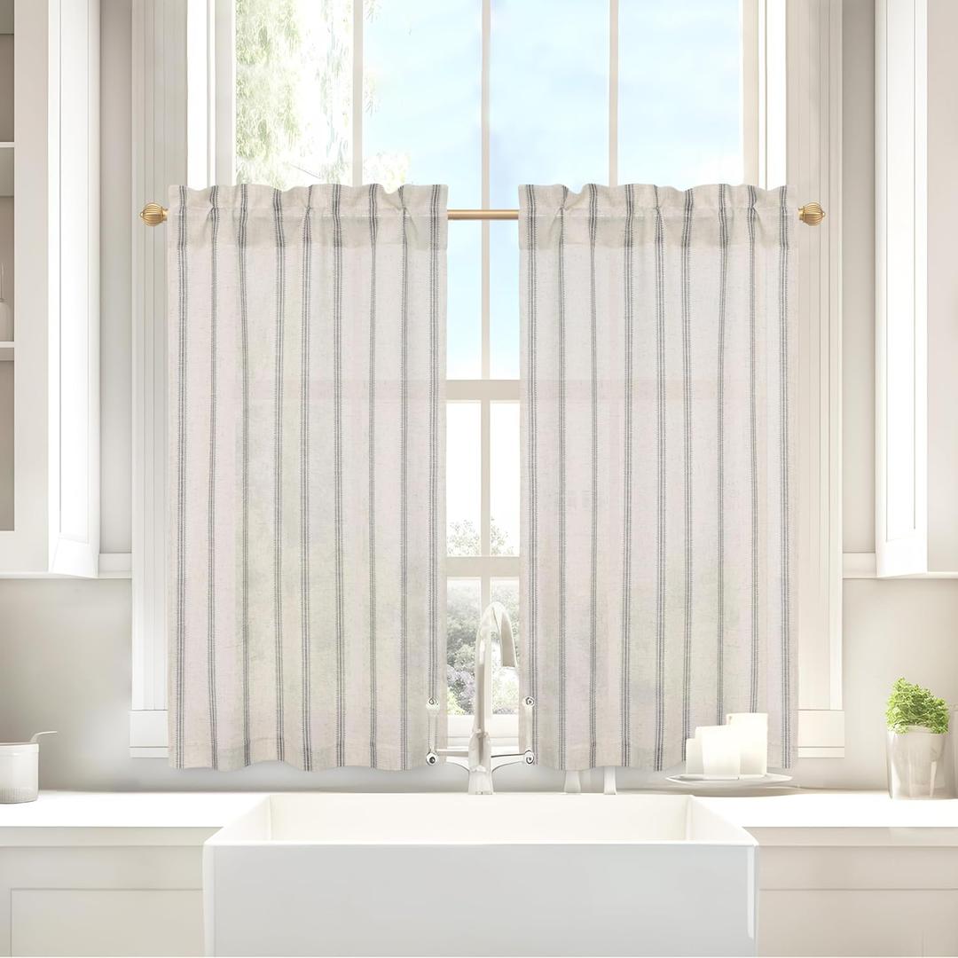 DriftAway Kitchen Curtains Striped Tier Linen Short Pinstripe Cafe Curtains 45 Inch Length for Living Room Bathroom Chris Farmhouse Rustic Rod Pocket 2 Panels Gray