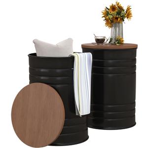 HOMCOM Nesting End Table Set of 2, Round Storage Ottoman Stool with Removable Wood Lid, Metal Frame & Hidden Space, Farmhouse Side Table for Living Room, Black