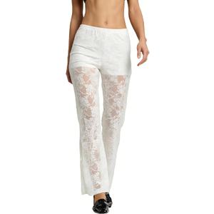 QJQ Women's Floral Lace Sheer Mesh Flare Pants Elastic High Waisted Bell Bottom Sexy See Through Trousers (White, M)