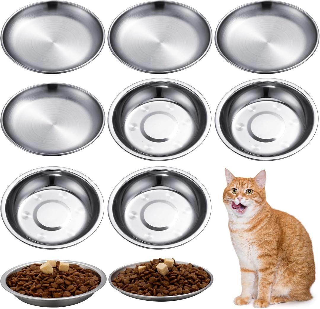 Domensi 8 Pieces Stainless Steel Cat Bowls 5.5 Inch Wide Flat Cat Dish Small Plate for Kittens Ferrets Wet and Dry Food