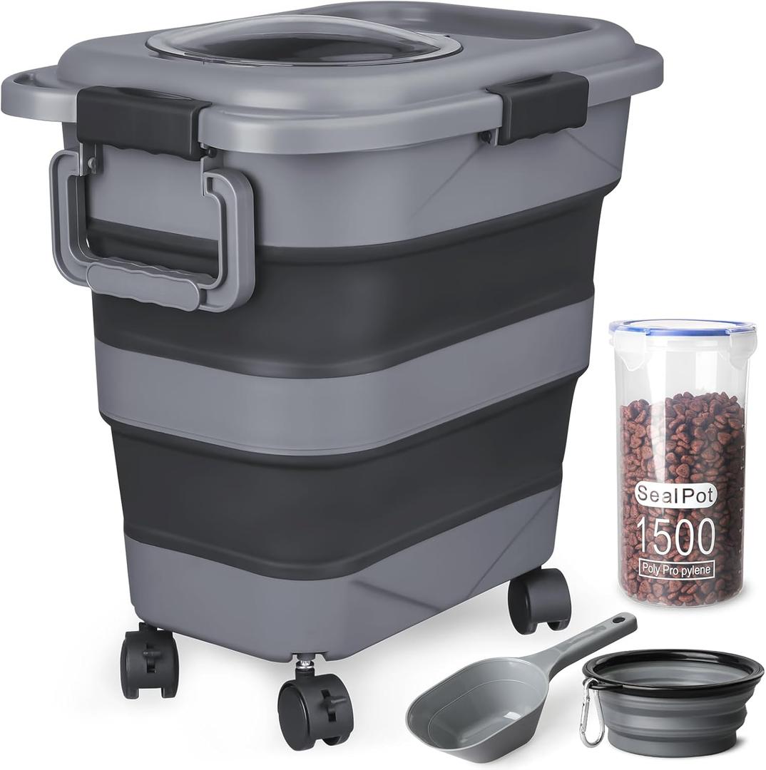 Dog Food Storage Container10-25 lbs Airtight Collapsible Cat Food Storage Container with Attachable Wheels, Portable Handle, Dog Food Scoop for Dog Cat Bird Pet Dry Food Storage Bin Dark Grey (Large)