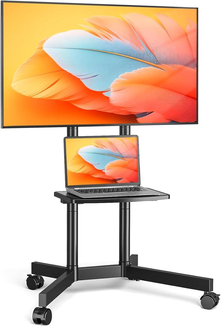 Rolling TV Stand with Upgraded Wheels for 32-75 Inch TVs, Height Adjustable Mobile TV Stand with Laptop Shelf, Mobile TV Cart with Heavy Duty Structure up to 88lbs for Living Room (Black)