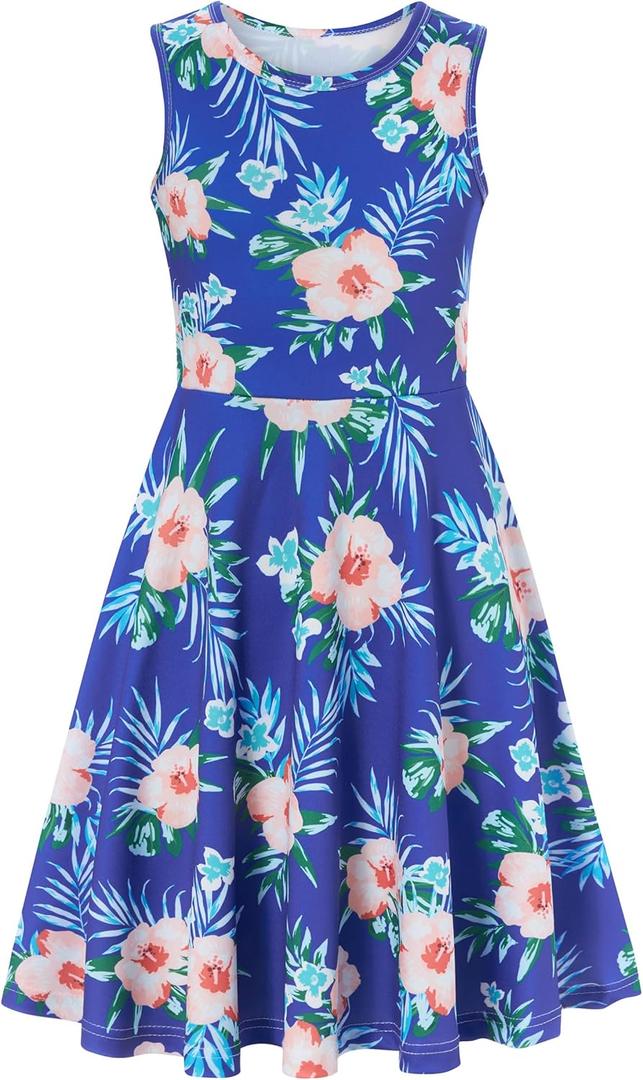 Ahegao Girl's Floral Sleeveless Dresses Kids One Piece Sundress for Casual School 4-13 Years Old (9-10 Years, Blue Pink Green)