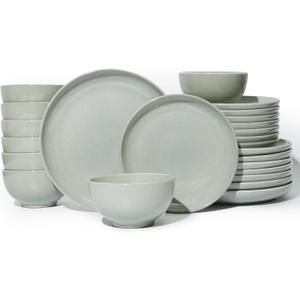 24 Piece Dinnerware Set for 8, Santorini Mist Terracotta Plates and Bowls Sets, Complete Stoneware Dish Set for Large Families and Entertaining, Microwave & Dishwasher Safe, Slate Green