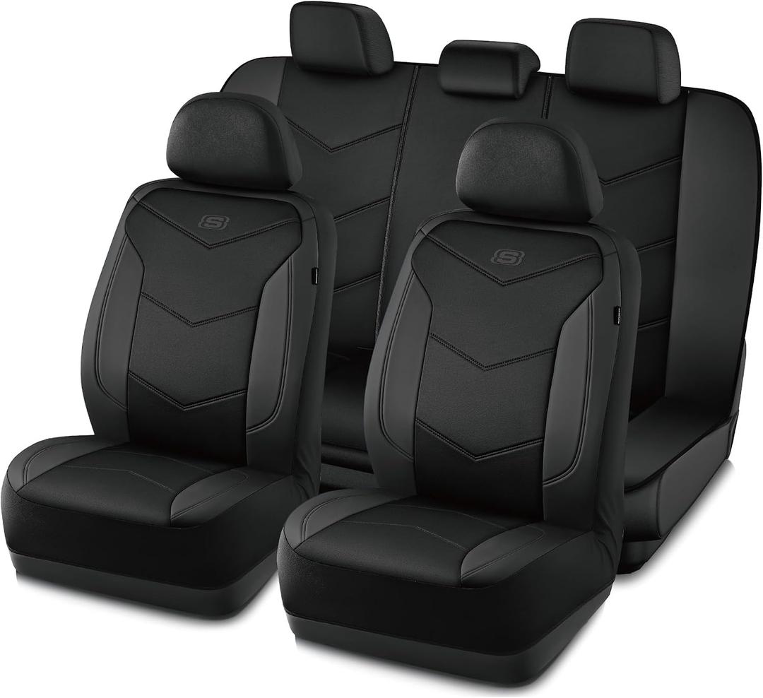 Skechers Memory Foam Seat Covers,Leather Car Seat Covers, Ultimate Comfort & Support Seat CoversFull Sets,Airbag Compatible, Automotive Universal Fit Most for SUVs, Vans, Sedans, Cars, Trucks,Black