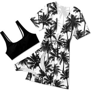 AIDEAONE 5-16T Girls Bathing Suit 3 Piece Swimsuit Drawstring Quick Dry Tankini with Cover Ups (11-12 Years, Black Palm Tree)