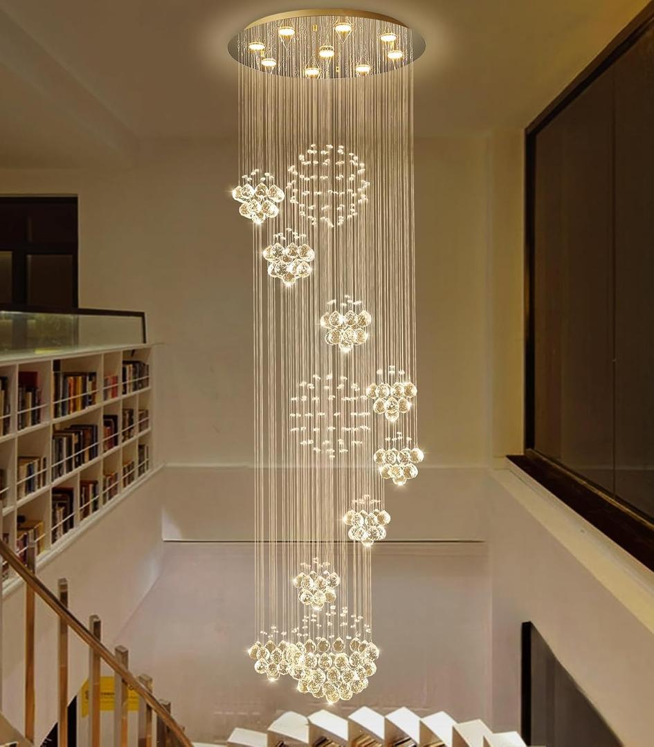 Modern Large Chandelier for Foyer Raindrop Crystal Chandeliers LED Dimmable High Ceiling Flush Mount Light Fixtures for Staircaes Hallway Entryway 78.7'' Gold, D24'' x H78''