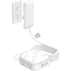 Outlet Cover Extension Cord Long 10ft, NUTICT Flat Plug Power Strip with 8 Outlets & 3 USB-C & 1 USB-A Port, 13A/1625W, 1440J Surge Protector, Indoor 3 Prong Flat Wall Plug for Tight Spaces, White