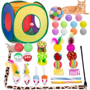 Retro Shaw 33Pcs Cat Toys for Indoor Cats Kitten, Collapsible Play Tunnel with Interactive Feather Wand, Bell Balls, Springs & Plush Mice Tent for Boredom Relief, Exercise & Kitty Hunting Instinct