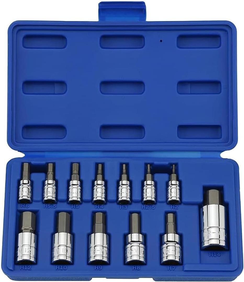 NEIKO 10074A Metric Hex Bit Socket Set | 13-Piece Set | S2 and Cr-V Steel | 1/4-Inch, 3/8-Inch and 1/2-Inch Drive | 2mm to 14mm