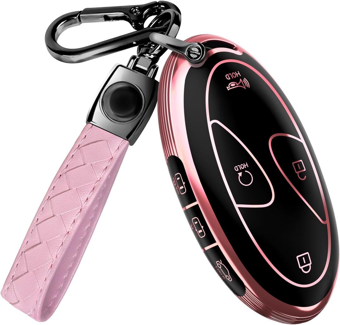 Lucrum Compatible with Hyundai Key Fob Cover & Leather Keychain, Keyfob Case for Santa Fe, Sonata, Tucson, Grandeur, Ioniq 6, KONA, Elantra - For 7 Button Remote (2022-2025) - Pink and Black