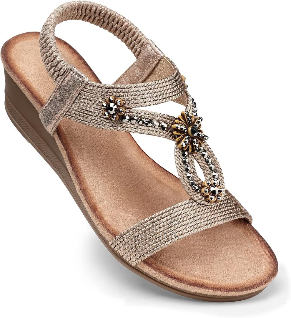 SHIBEVER Womens Wedge Sandals Flower Low Heel Dressy Sandals Elastic Ankle Strap Rhinestone Summer Comfortable Shoes (9, 2657-champagne)