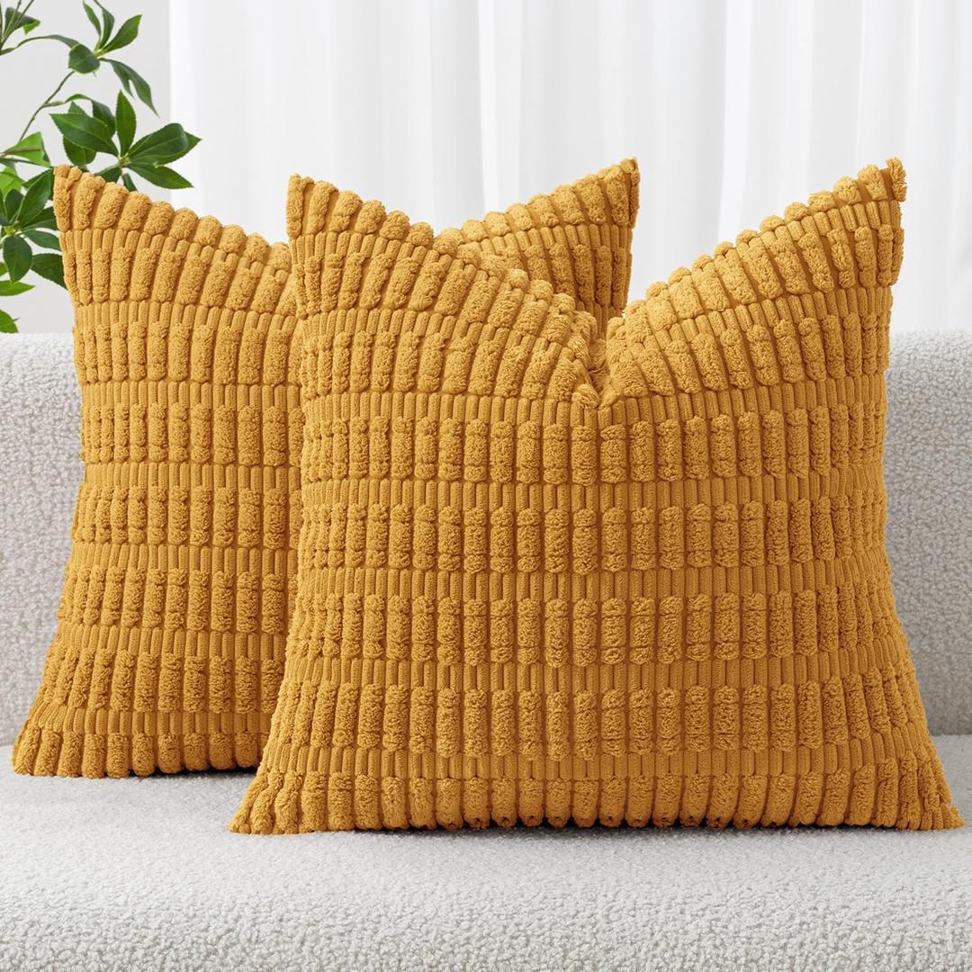 MIULEE Pack of 2 Corduroy Decorative Throw Pillow Covers 18x18 Inch Soft Boho Striped Pillow Covers Modern Farmhouse Home Decor for Summer Sofa Living Room Couch Bed Gold Yellow