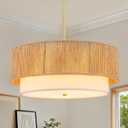 Rattan Farmhouse Chandeliers, Rattan Pendant Light Fixture, Boho Light Fixtures for Bedroom Dining Room Foyer Kitchen Hallway | Fabric Shade | Bulbs Not Included | Gold, 18inch