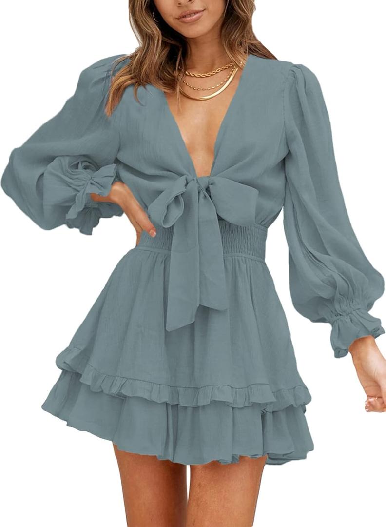 AlvaQ Womens Dresses Spring Summer Knot Front V Neck Ruffles Long Sleeve Floral Print Swing Mini Dress (Small, Slategrey)