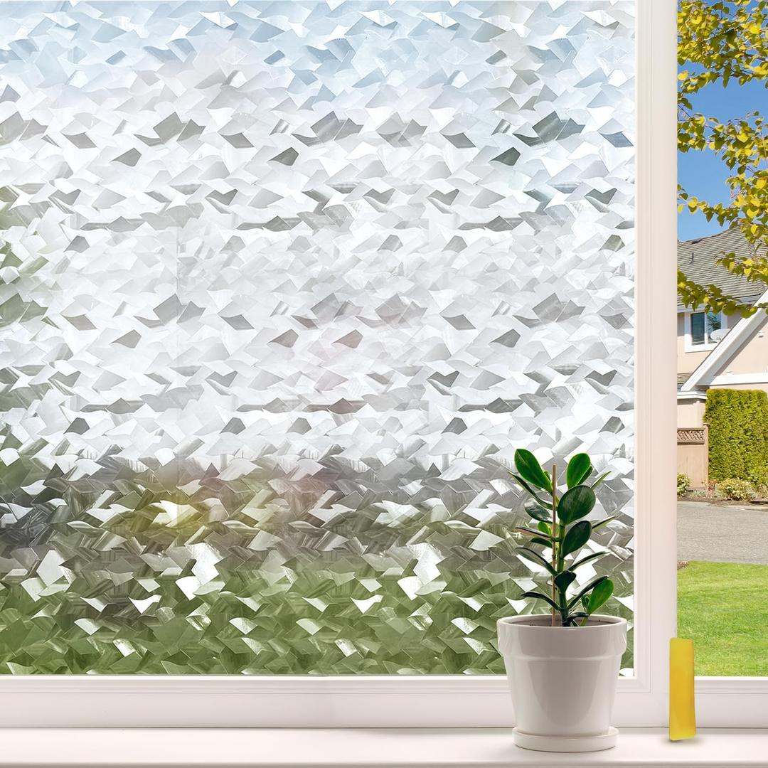Window Privacy Film Frosted Privacy Window Film 3D Diamonds Glass Film Opaque Window Film for Glass Non Adhesive Removable Window Sticker for Bathroom Living Room (Fish Scale Shape, 23.6inx118in)