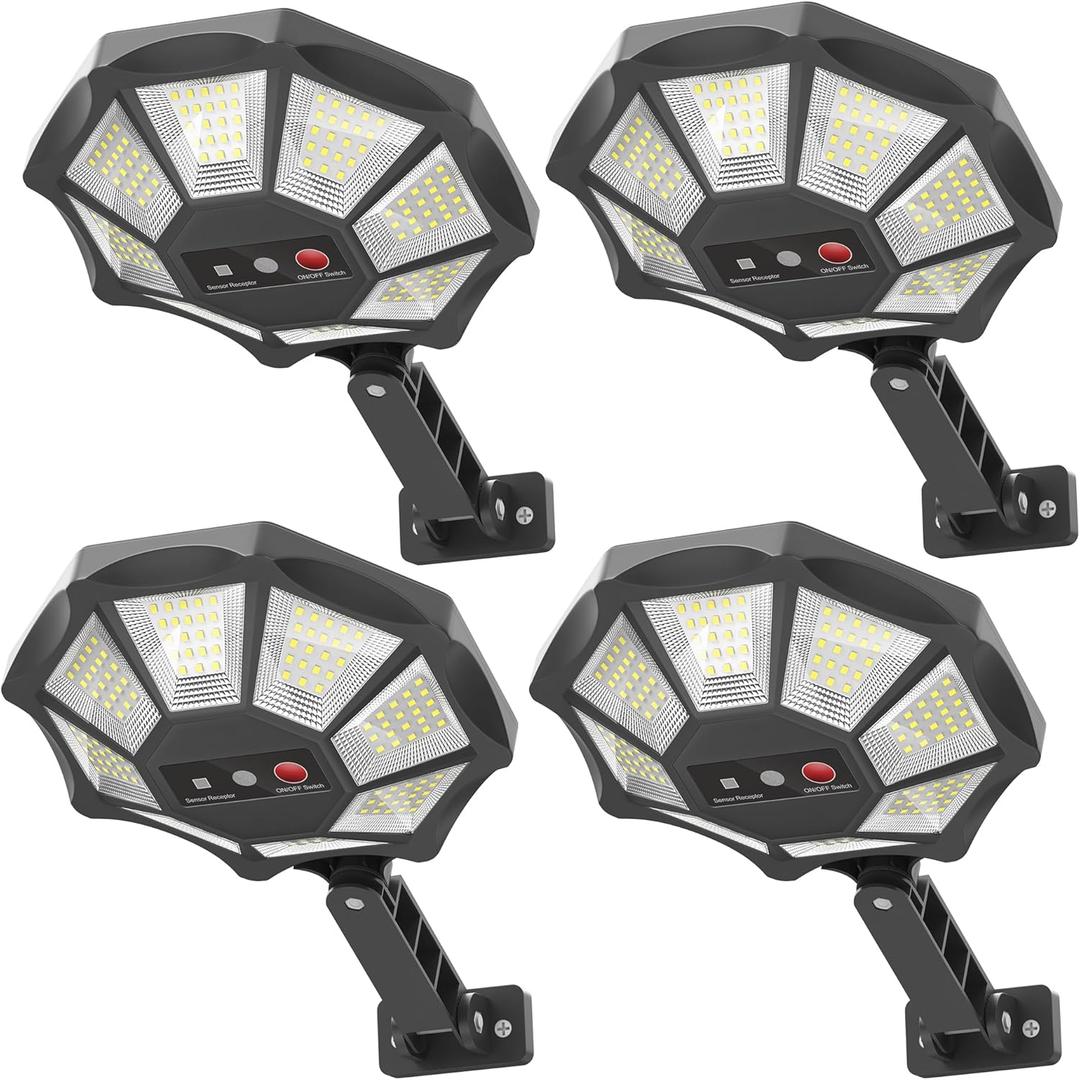 Solar Lights Outdoor, 168LED 6500K Flood Light Dusk to Dawn, 8 Sides Solar Outdoor Lights with Motion Sensor, IP66 Waterproof Solar Street Lights Outdoor for Yard, Pools(4 Pack)