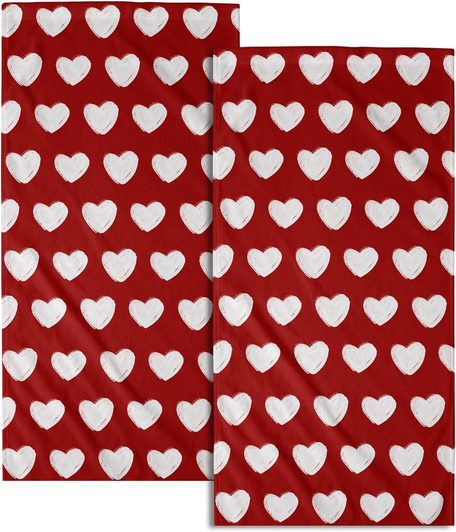Miaoquhe Valentines Day Red White Heart Love Kitchen Towels Set of 2 Romantic Bathroom Towels 14"x28" Valentines Hand Towels Quick Dry Soft Wedding Decorative Fingertip Towel for Home Spa Hotel