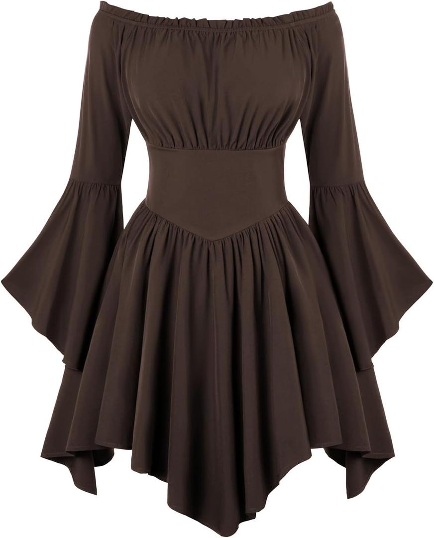 Scarlet Darkness Renaissance Costume Women Pirate Peasant Off Shoulder Bell Sleeve Fairy Dress (Medium, Brown)