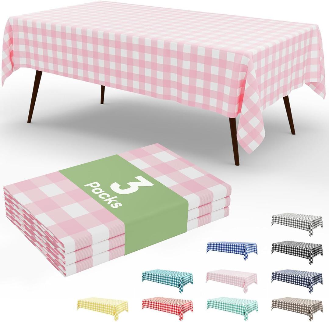 Smiry 3 Pack Pink Gingham Disposable Tablecloths - 54" x 108" Heavy Duty Plastic Table Cloth, Waterproof Buffalo Plaid Table Covers for Picnic, Banquets, Outdoor Parties (Pink and White)