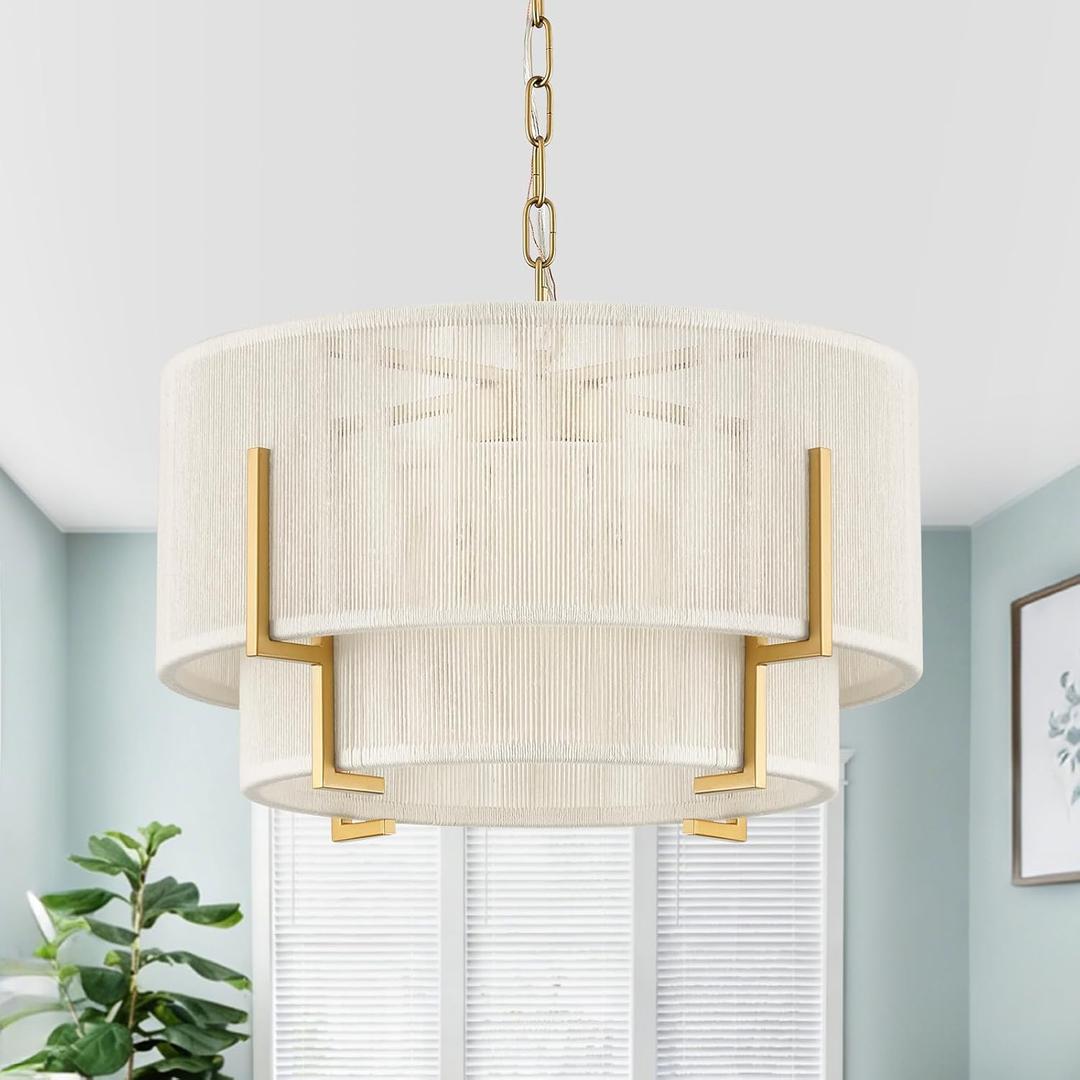 18'' White Woven with Metal Frame Rattan Chandelier, FookChak white gold chandelier light fixture is compatible with E12 sockets, and each socket supports a maximum 40W bulb(BULB NOT INCLUDED)