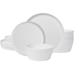 12-Piece Plastic Dinnerware Set Plates and Bowls Sets Service for 4 Matte White Melamine Plates Unbreakable Plastic Outdoor Camping Dishes Decor Dishwasher Safe
