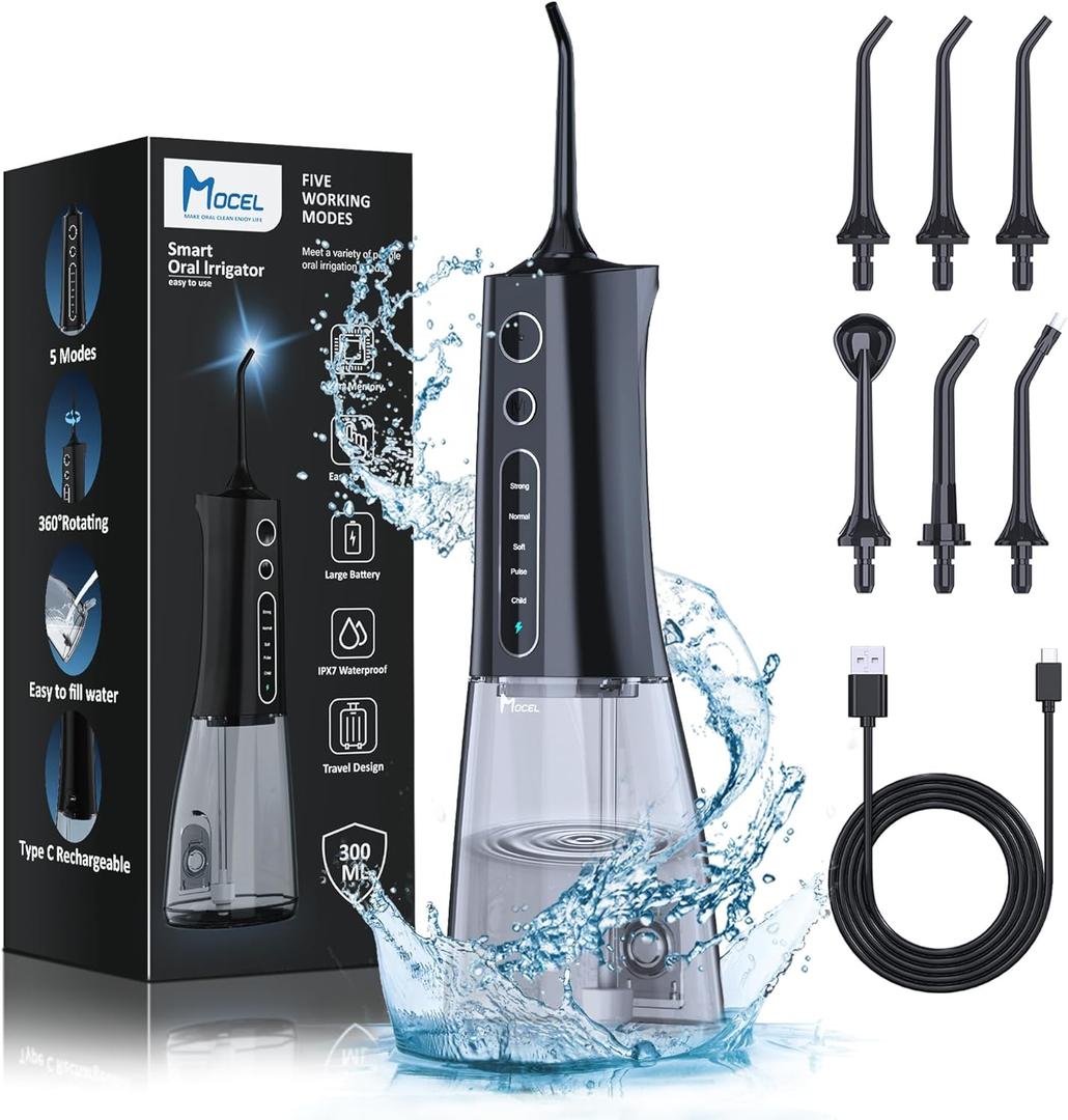 Water Dental Flosser OLED Display Cordless Teeth Cleaning MOCEL 5 Modes Oral Irrigator 300ML Portable and USB C Rechargeable IPX7 Waterproof Floss Teeth Pick (Black)
