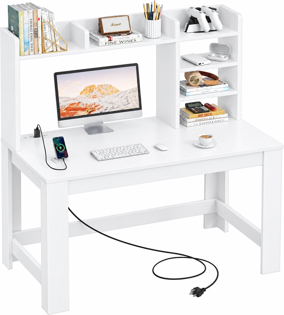 WINAZ 43" White Gaming Desk with Hutch and Built-in Power Outlet Modern Computer Desk with 3-Tier Storage Shelves and Hutch, Space-Saving Writing Table for Home Office