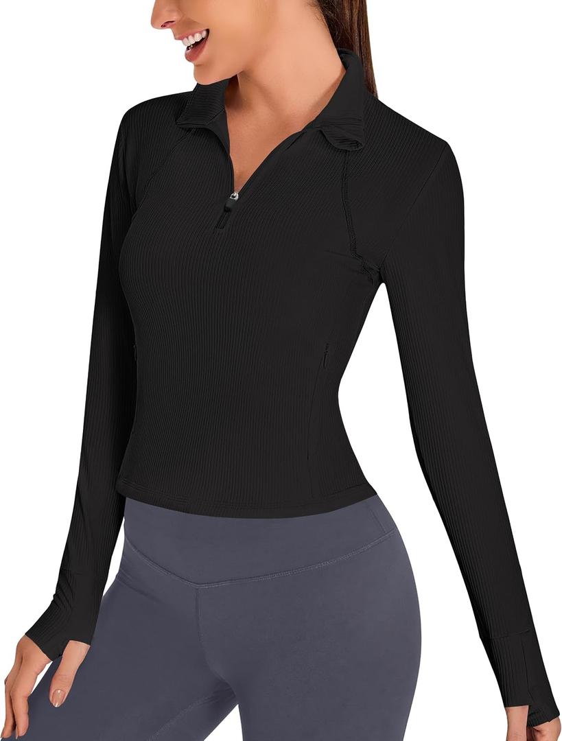 BMJL Womens Workout Tops Long Sleeve Golf Shirts UPF 50 Ribbed Light Jackets Quarter Zip Pullover Three Pockets (Black, L)