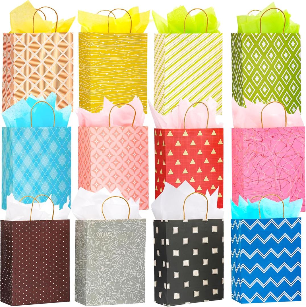 12 Pack 13" Large Kraft Paper Gift Bags Assortment with Tissue Paper & Handles, 12 Unique Solid & Geometric Pattern Designs for Birthdays, Anniversary, Father's Day, Holidays and Other Occasions