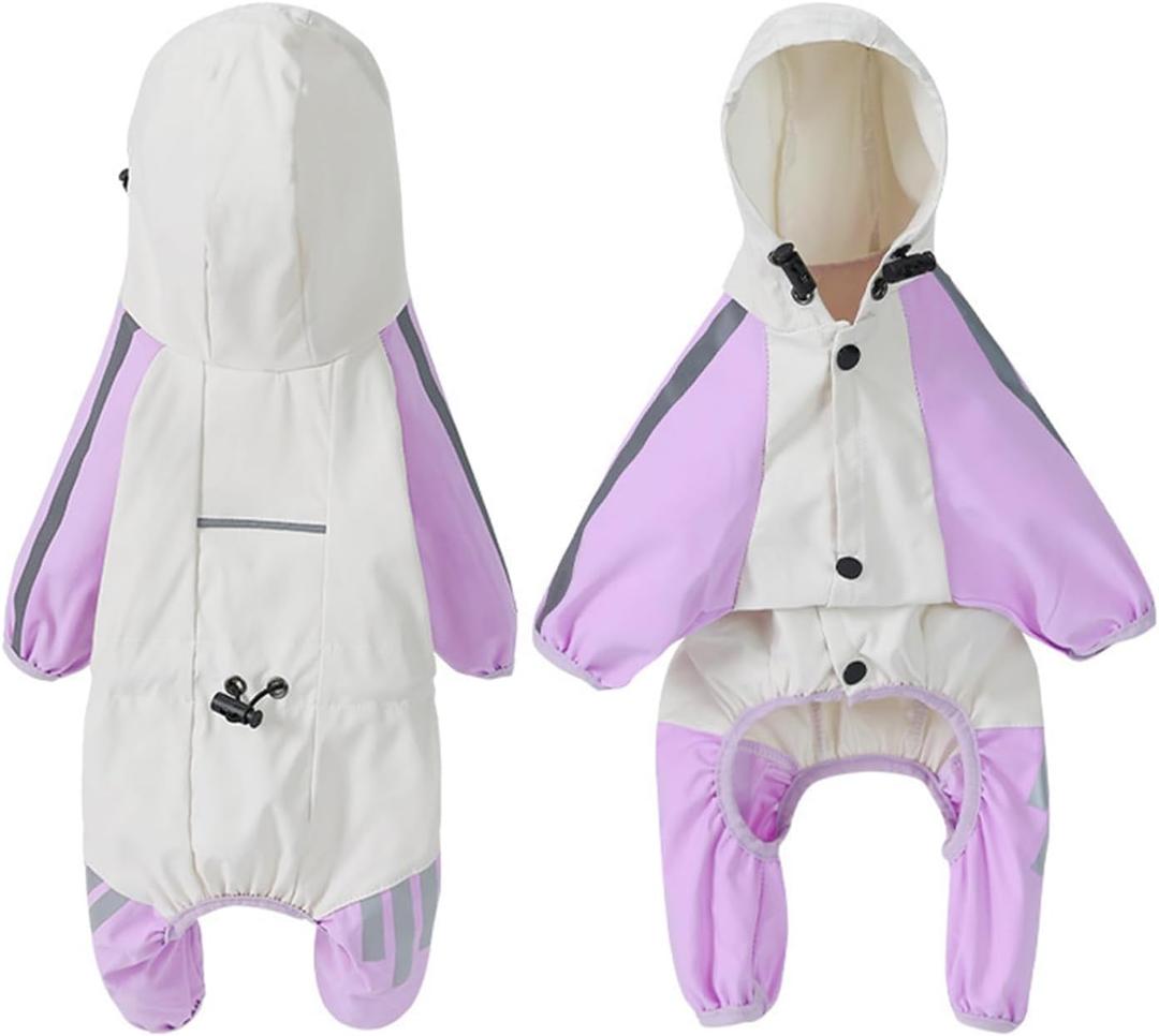 GIBZ Adjustable Dog Raincoat with Legs Hood, Reflective Puppy Rain Jacket Full Coverage, Small Medium Pet Coat, Purple, 2XL