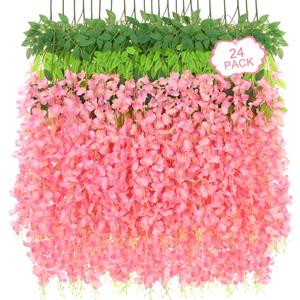 24Pcs Artificial Wisteria Hanging Flowers, 3.6Ft/Pcs Deep Pink Fake Wisteria Garland for Wedding Party Home Garden Indoor Outdoor Decoration