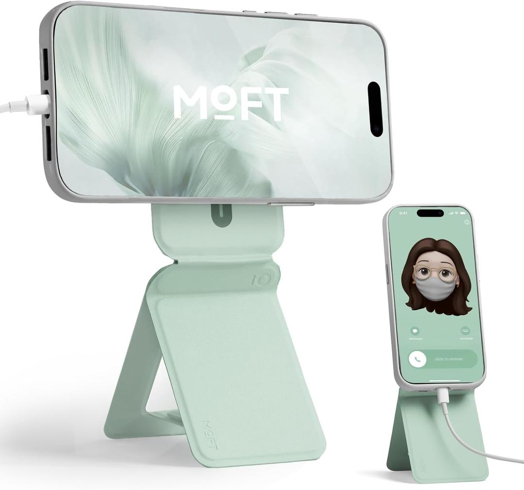 MOFT Phone Stand, Magnetic Phone Tripod Stand Stain-Resistant MOVAS Leather & Angle Adjustment & Strong Magnets Tripod for iPhone 16/15/14/13/12 (Included Metal Ring)-Peppermint (without Card Slot)
