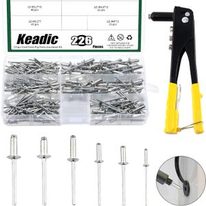Keadic 226Pcs Heavy Duty Manual Riveter with 6 Sizes Aluminum Blind Rivets Assortment Kit, M2.4 M3.2 M4 M4.8 Silver Tone Pop Rivets and Hand Rivet Gun Tool for Furniture Automotive Metal Work