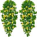BLEUM CADE Artificial Hanging Flowers for Outdoors, 2pcs Fake Hanging Plants Pothos Vines with Yellow Flowers for Wall Home Living Room Indoor Outdoor Decor (No Baskets)