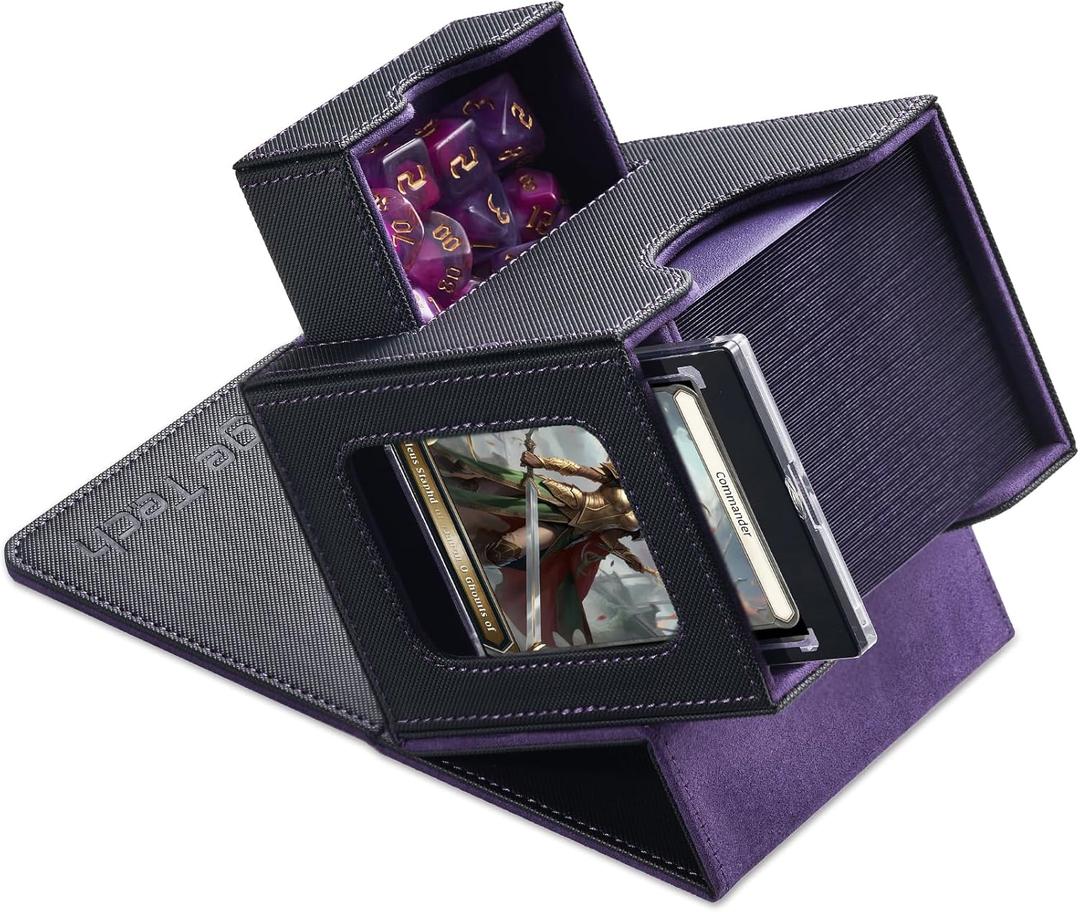 Mage Tech Card Deck Box for MTG Commander - Patented Design, Commander Display, Fits 100 Double-Sleeved Cards, 35pt Card Brick & Dice Tray - Black/Purple