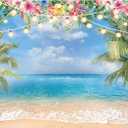 10x8ft Summer Hawaiian Beach Ocean Photography Backdrop Sky Seaside Tropical Palm Trees Luau Hawaiian Party Decorations Photoshoot Background Photo Banner Supplies