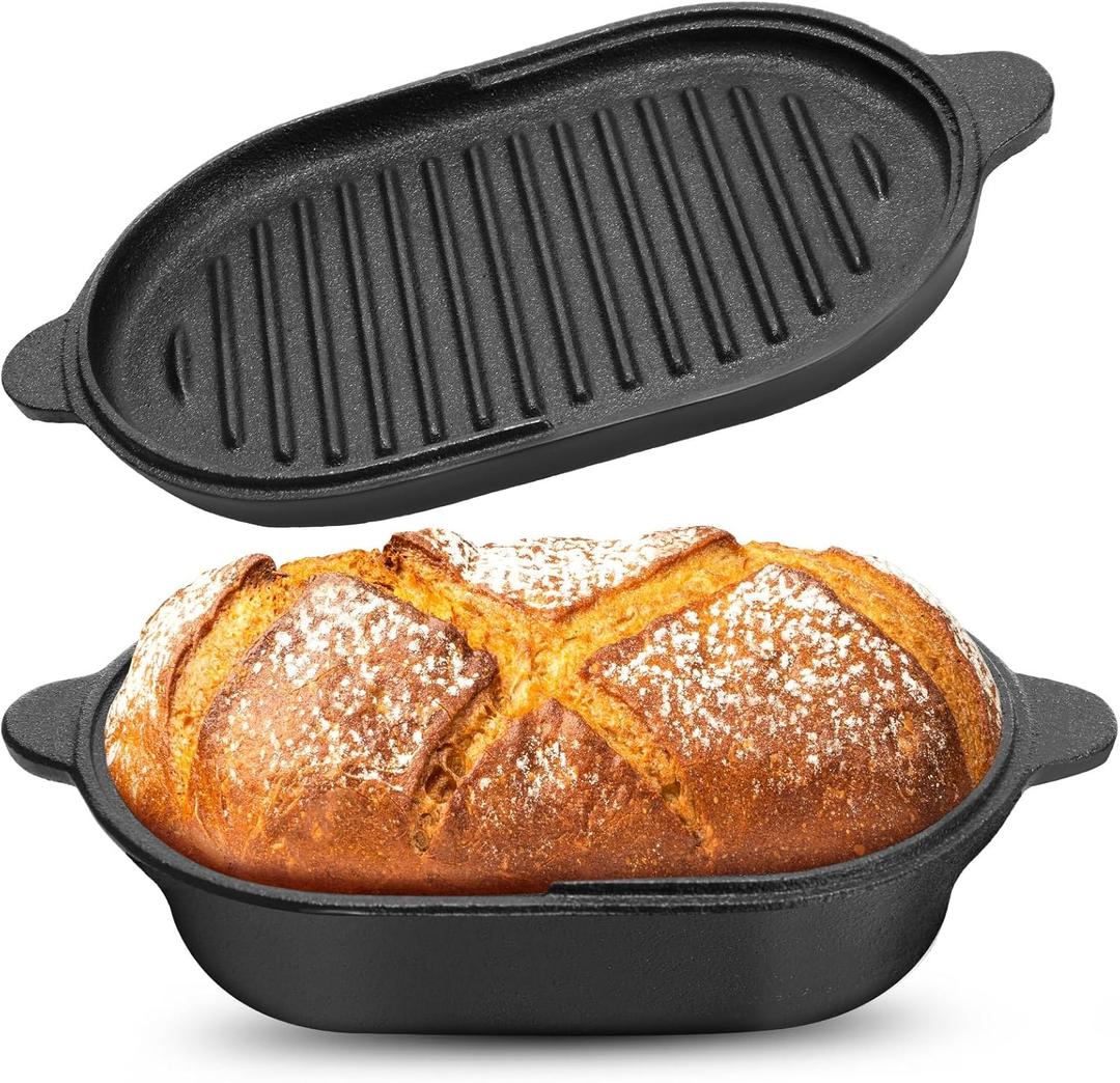 Cast Iron Bread Pan with Lid Pre-Seasoned Dutch Oven 5.7QT Non-Stick Bread Loaf Pan, Sourdough Artisan Baking Pots for Baking Roasting(2-In-1)