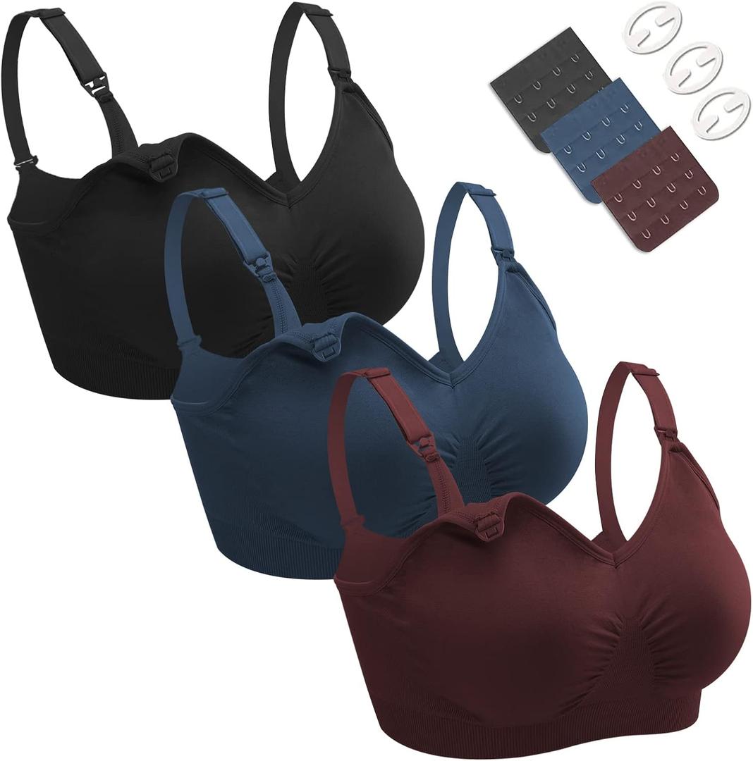 Nursing Bras for Breastfeeding 3 Pack Seamless Maternity Bras Pregnancy Sleep Bralette with Extra Bra Extenders and Clips (S)