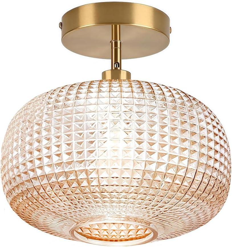 Semi Flush Mount Ceiling Light,Vintage Small Ceiling Light Fixture,Hallway Lighting Fixture with Amber Glass Shade,Art Deco Kitchen Lighting Fixtures Ceiling for Bedroom,Bathroom,Porch