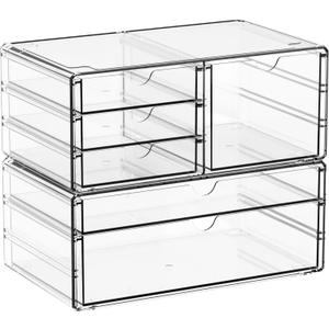 Yieach 2 Pack Acrylic Drawer Organizer With 6 Drawers,Stackable 11.1 Large Clear Storage Drawers and Makeup Organizer For Vanity,Bathroom Countertop,Cabinet,Pantry,Office Supply Storage Bins Drawers