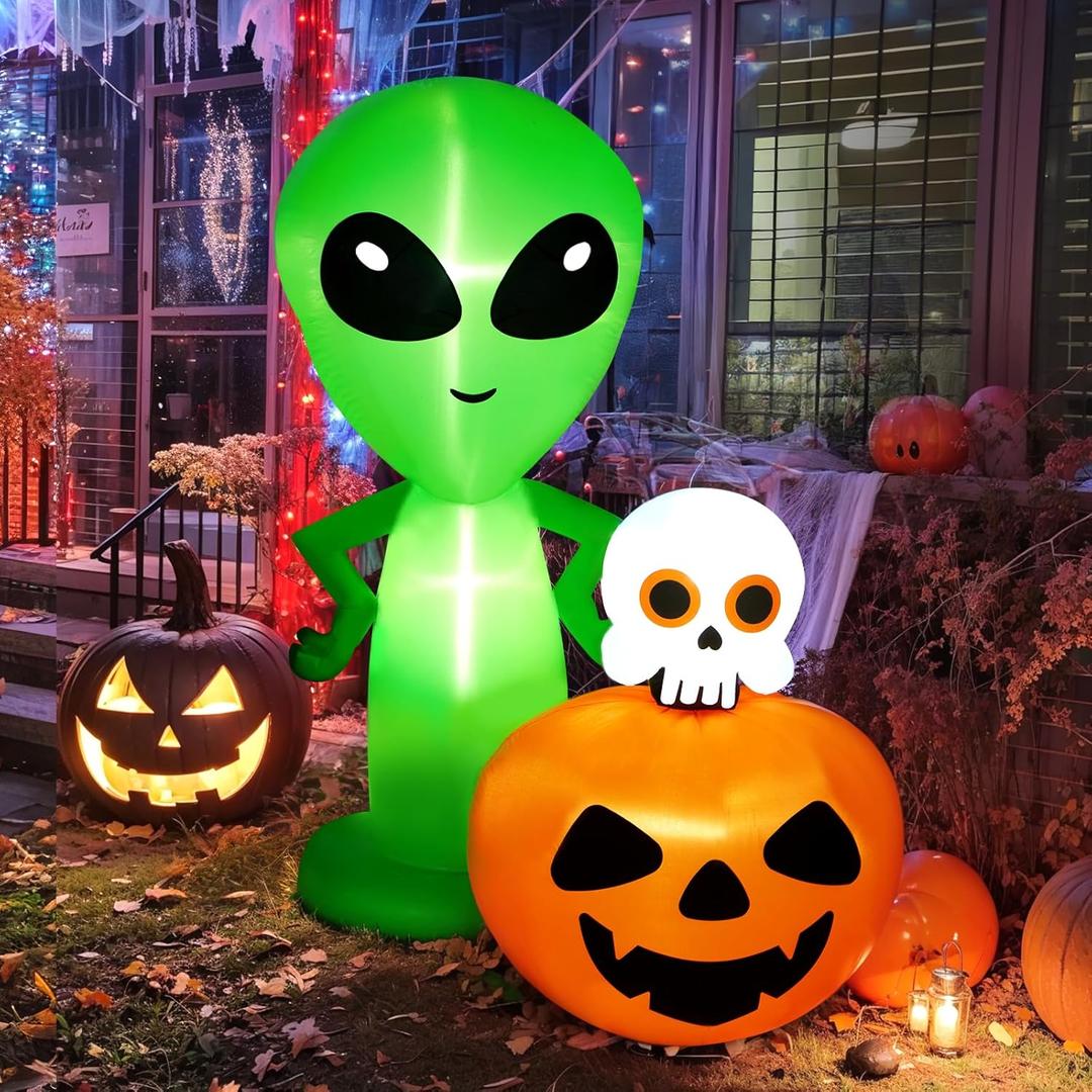 CAMULAND 6.8FT Halloween Inflatable Alien with Pumpkin Decorations Halloween Inflatable Blow Up Decor with Built-in LED Lights Outdoor Inflatable Decoration for Garden, Lawn, Yard