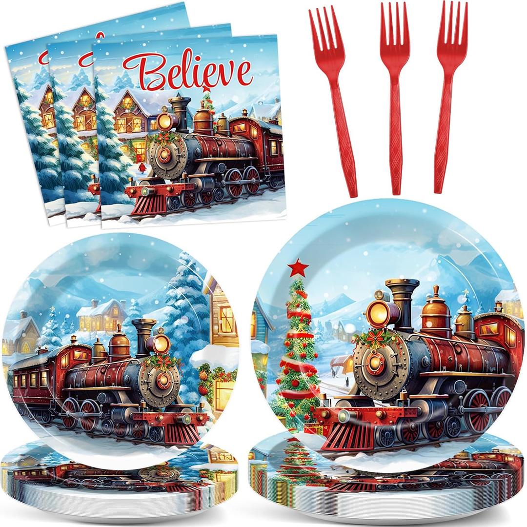 gisgfim 96 Pcs Christmas Train Plates and Napkins Party Supplies Christmas Believe Dinnerware Tableware Set Disposable Xmas Paper Plates Party Decorations Favors for Winter Holiday Serves 24