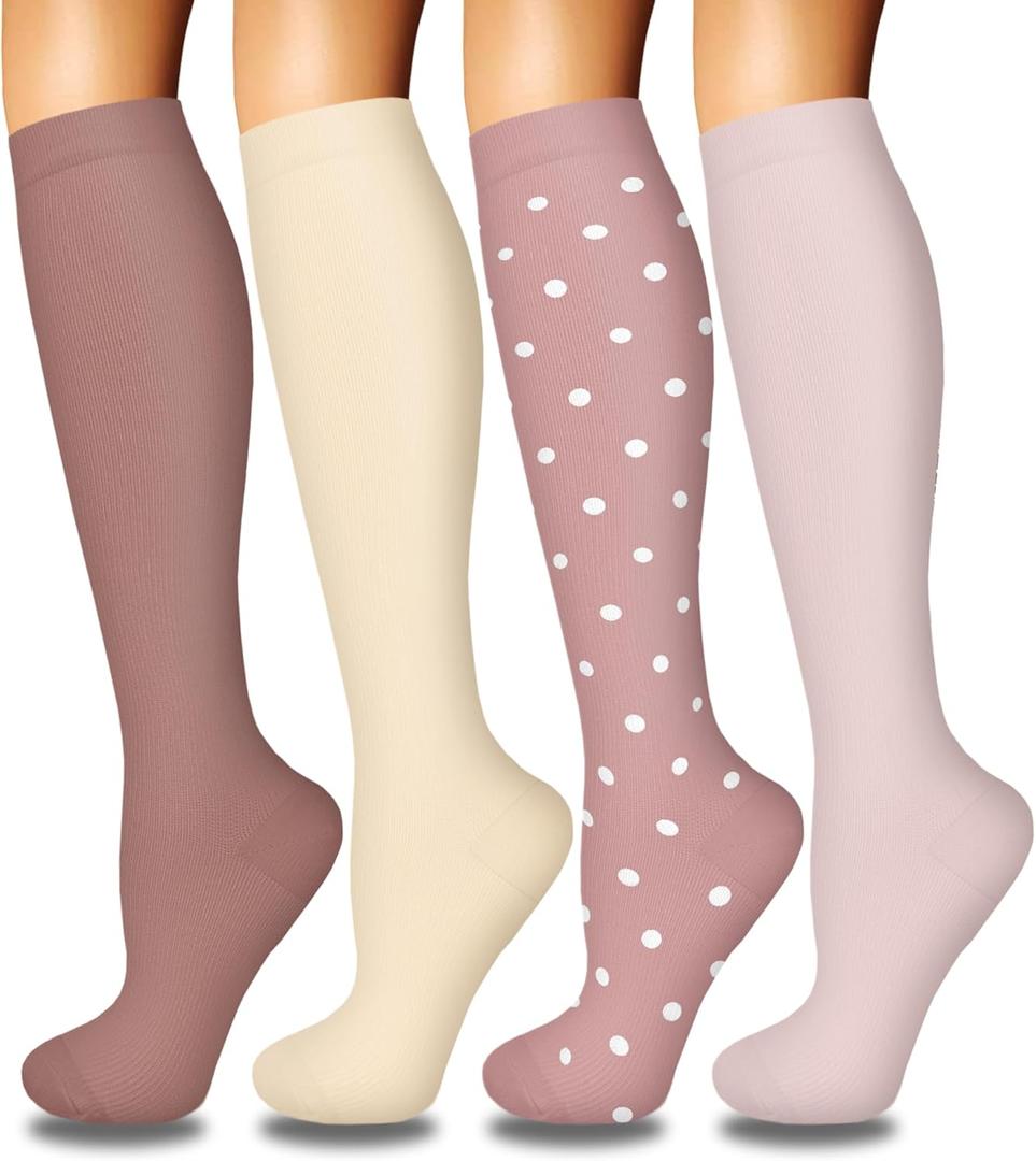 Iseasoo 4 Pairs Compression Socks for Women Circulation-Best Support for Nurses,Running,Athletic,Travel (Small-Medium, 02-6-dark Pink/Beige/Pink Dots/Pink-4 Pairs)