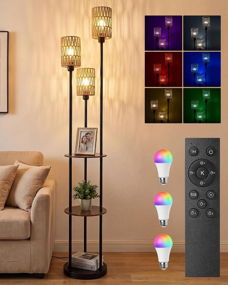 71" Boho Floor Lamp with Shelves, 3 Light Standing Lamp for Living Room