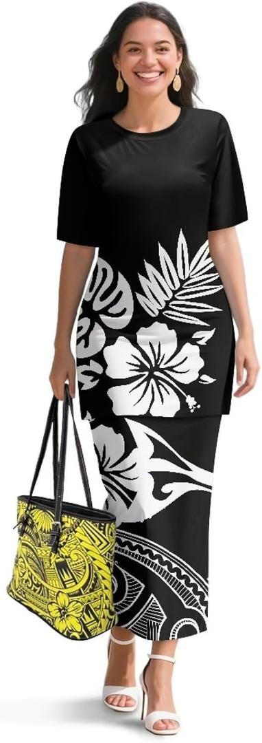 Puletasi Samoan Traditional 2 Piece Outfits for Women Short Sleeve Crop Top and Maxi Skirt Sets Puletasi Dress (3X-Large, Black Tribal Polynesian Hibiscus Flower)
