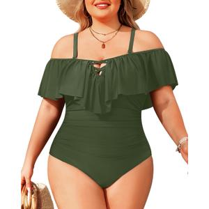 Daci Women Plus Size One Piece Swimsuits Tummy Control Ruffle Off Shoulder Bathing Suits (Green, M)