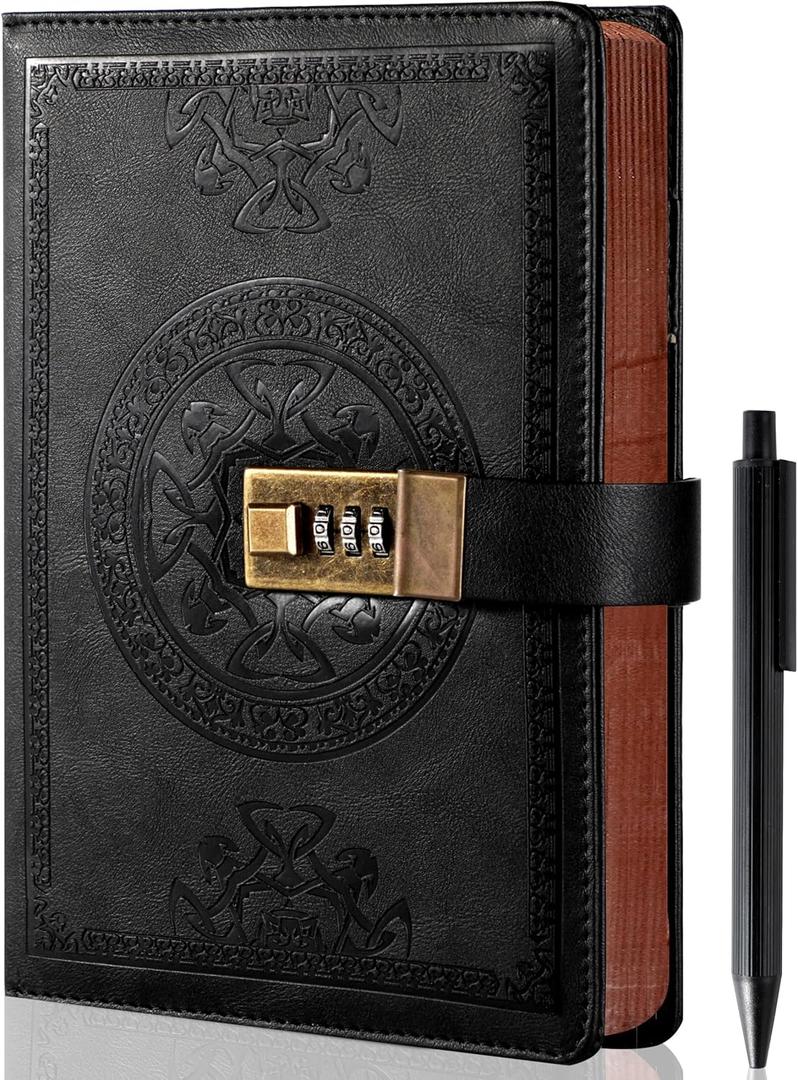 CAGIE Journal with Lock for Men and Women Refillable 290 Lined Pages Locked Journal with Pen, Diary with Lock 180 Lay Flat for Writing Travel Diary, 5.7'' X 8.3'', Black