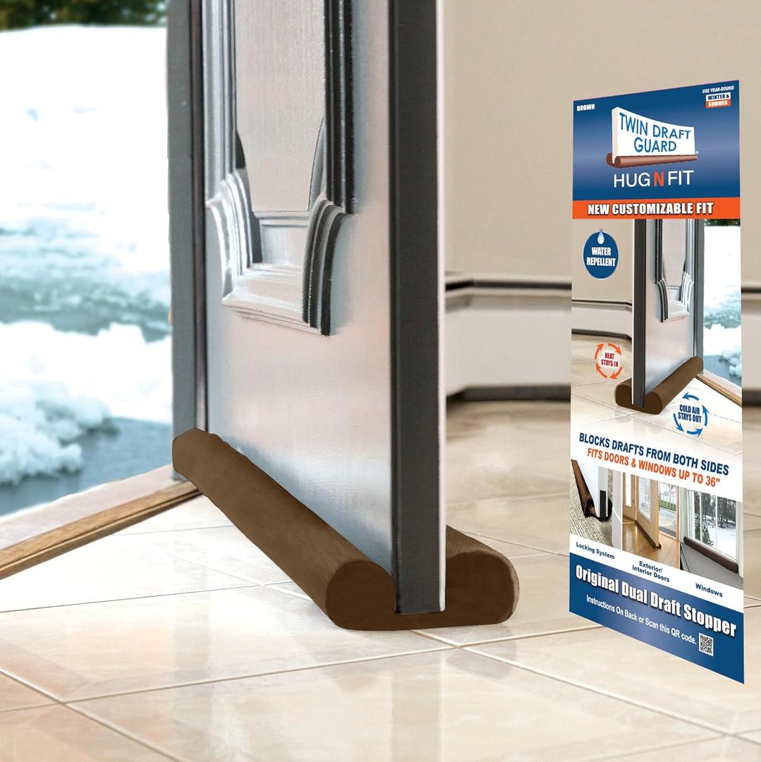 Twin Draft Guard Hug N Fit, Original Dual Draft Stopper Instantly Blocks Air from Entering, Water Repellent, Fits 28-36 Length with 1.5 Energy Saver Tube