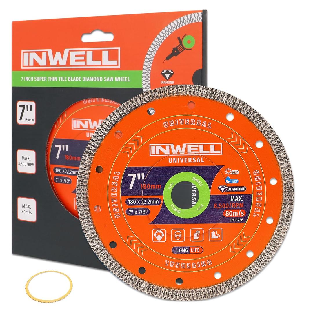 7 Inch Diamond Saw Blade, Mesh Turbo Cutting Wheel for Tile, Porcelain, Ceramic, Granite, Marble - 10mm Segment, Super Thin 1.6mm, 7/8" Arbor with Flange - Dry or Wet Cutting